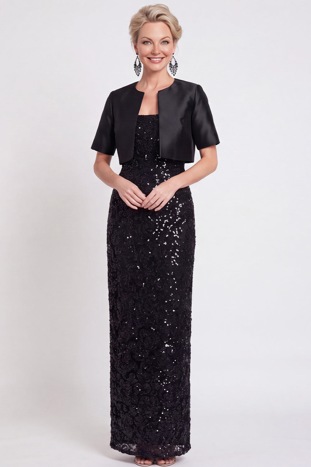 Sparkly Black Sequins Bodycon Long Mother of the Bride Dress with Slit