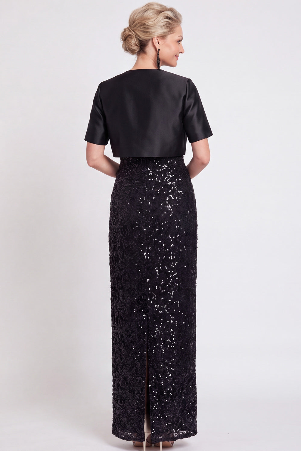 Sparkly Black Sequins Bodycon Long Mother of the Bride Dress with Slit