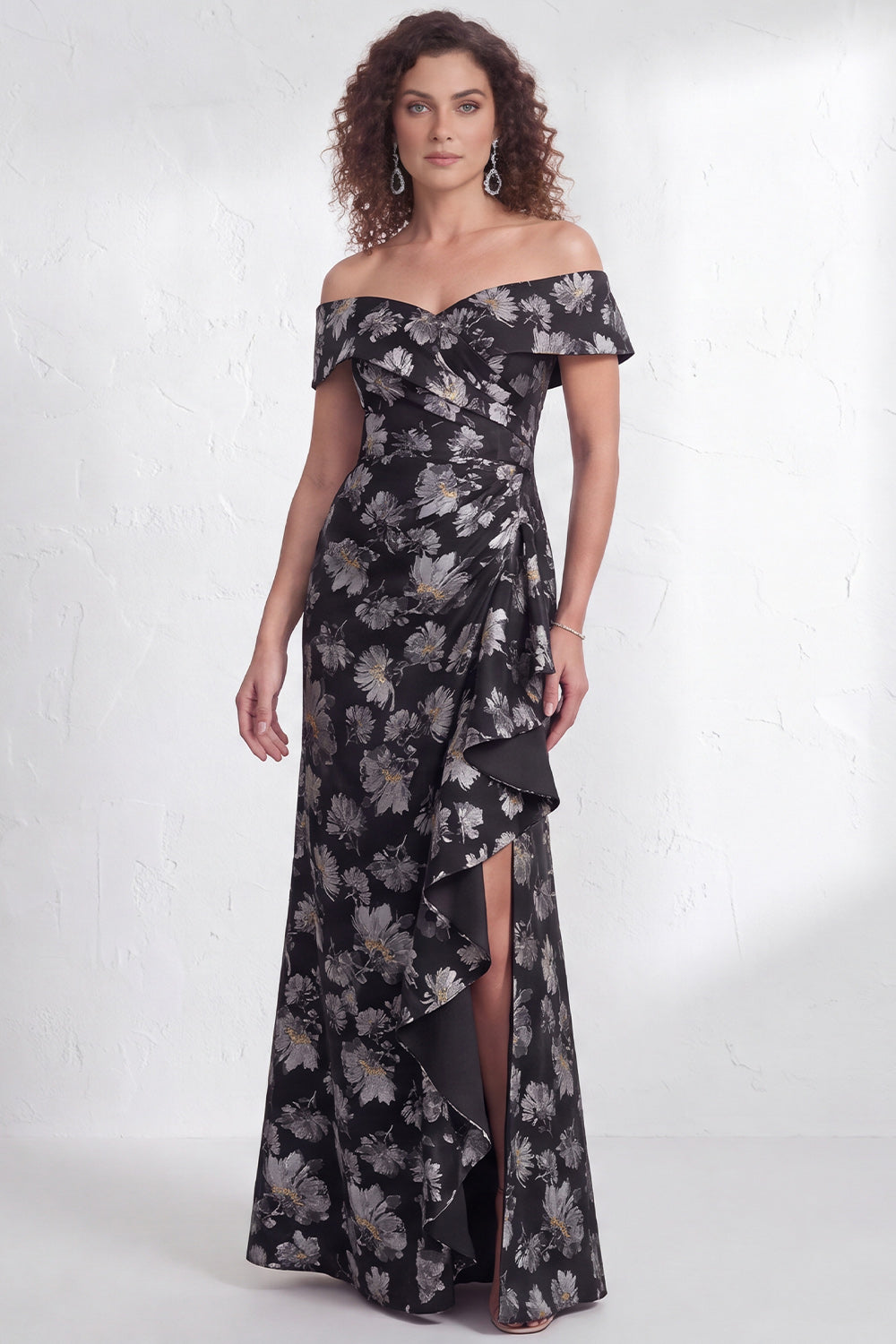 Off the Shoulder Mermaid Black Floral Ruffled Long Mother of the Bride Dress with Slit