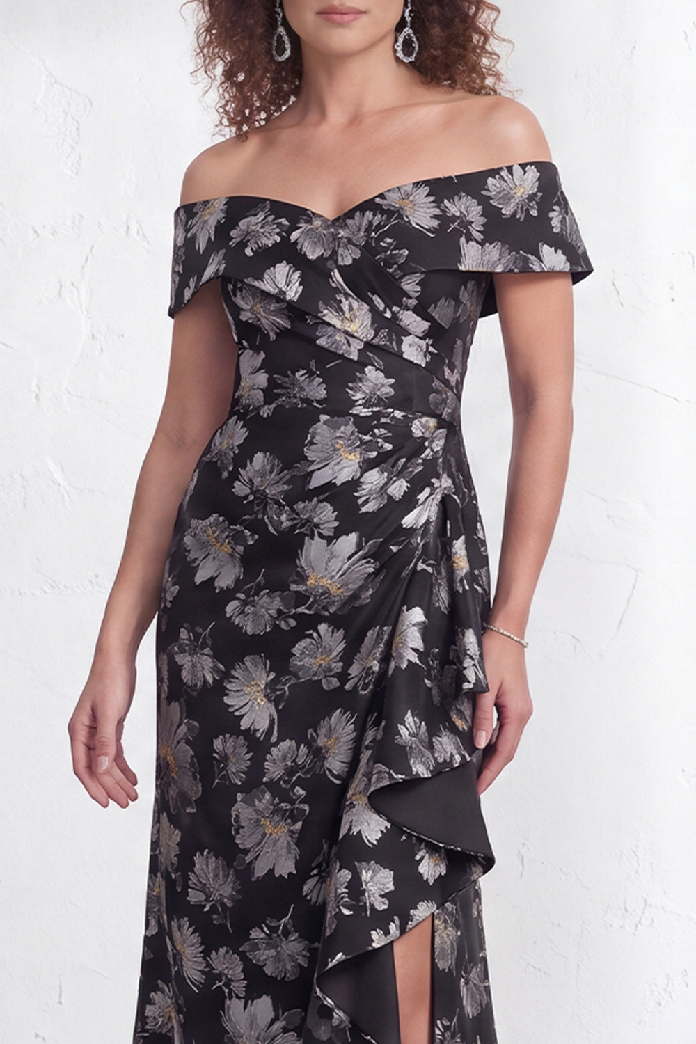 Off the Shoulder Mermaid Black Floral Ruffled Long Mother of the Bride Dress with Slit