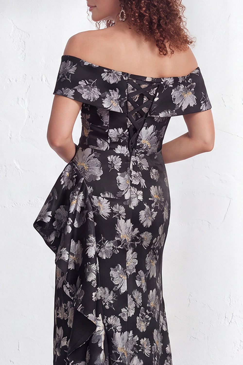 Off the Shoulder Mermaid Black Floral Ruffled Long Mother of the Bride Dress with Slit