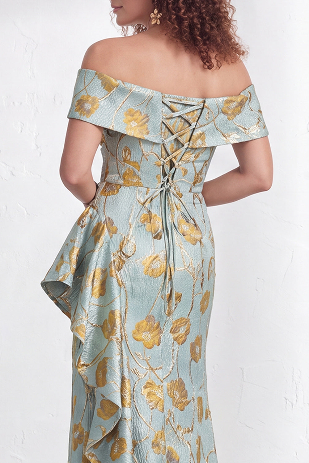 Off the Shoulder Mermaid Black Floral Ruffled Long Mother of the Bride Dress with Slit