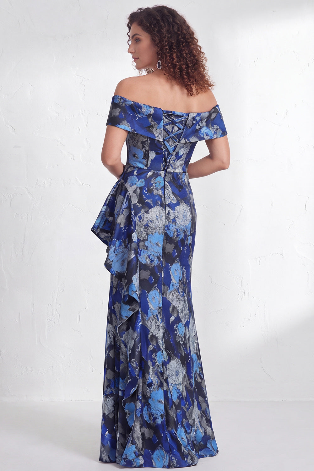 Off the Shoulder Mermaid Black Floral Ruffled Long Mother of the Bride Dress with Slit