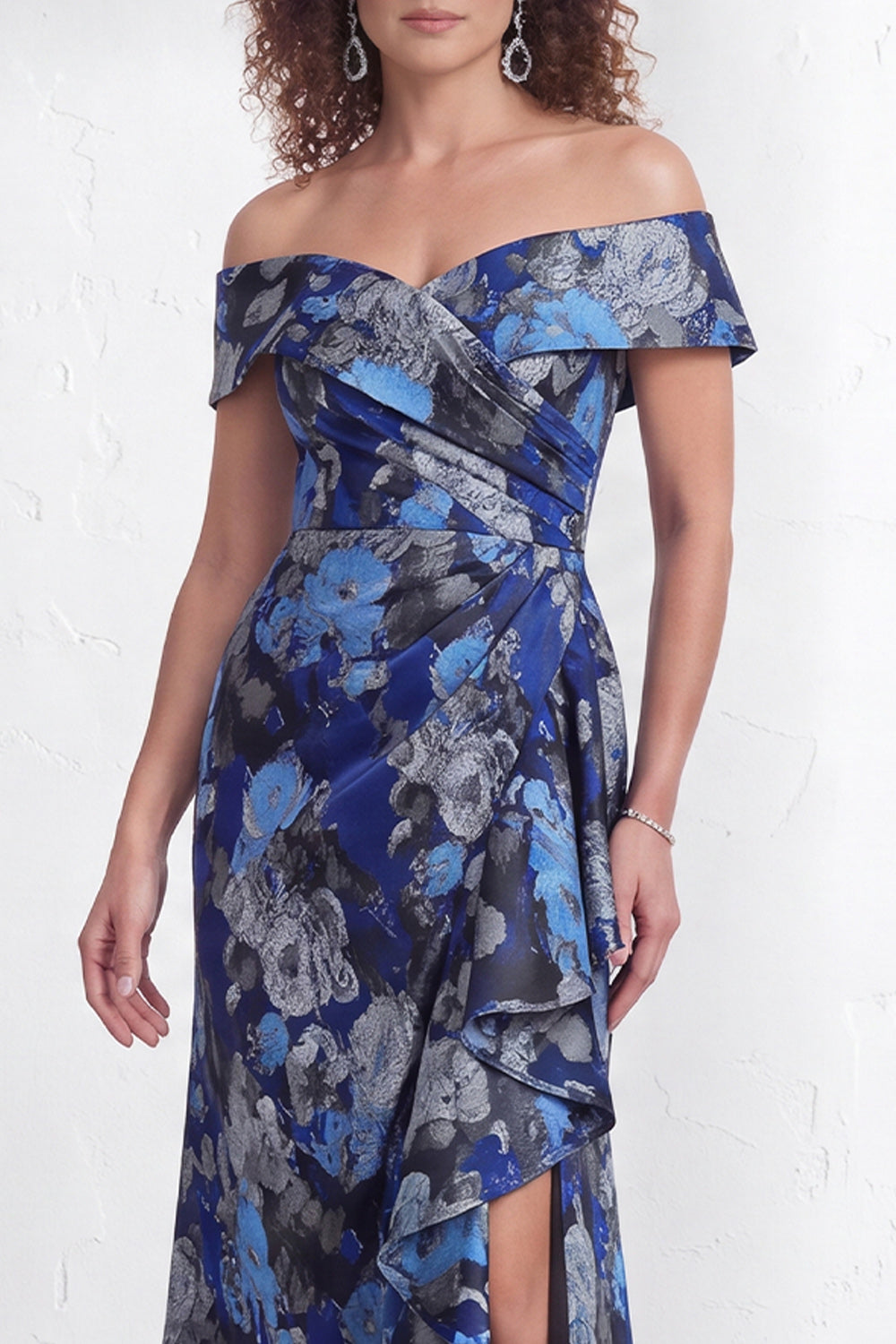 Off the Shoulder Mermaid Black Floral Ruffled Long Mother of the Bride Dress with Slit