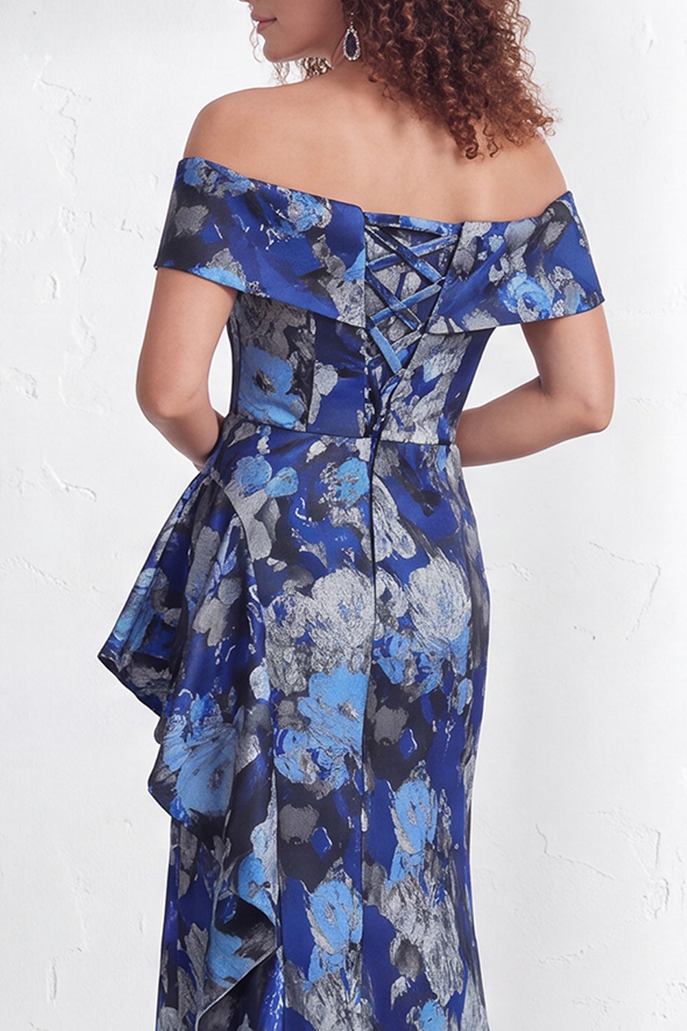 Off the Shoulder Mermaid Black Floral Ruffled Long Mother of the Bride Dress with Slit