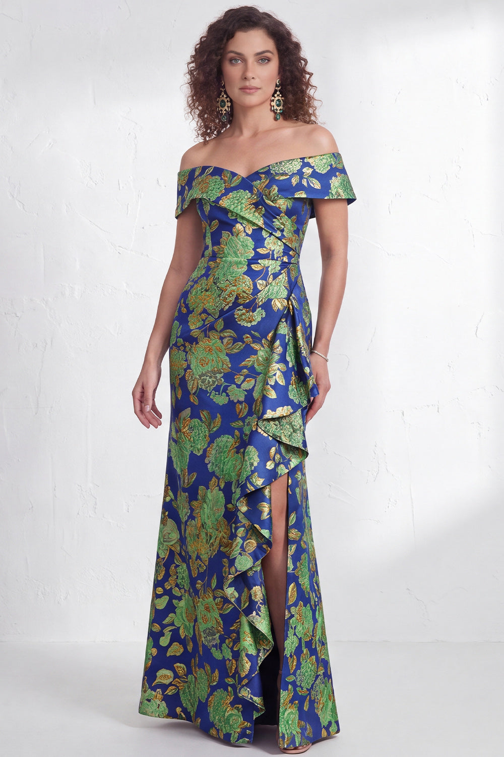 Off the Shoulder Mermaid Black Floral Ruffled Long Mother of the Bride Dress with Slit