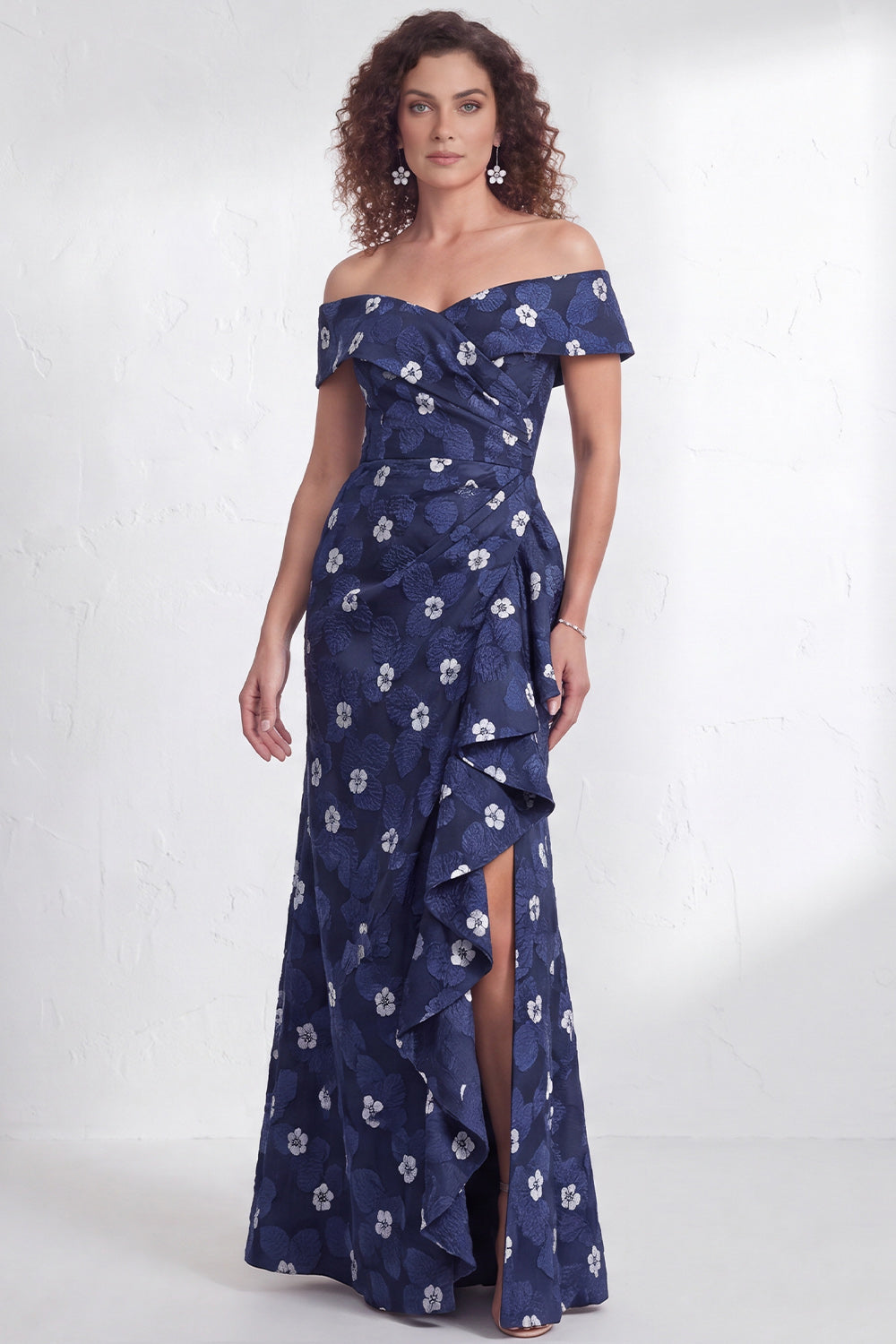 Off the Shoulder Mermaid Black Floral Ruffled Long Mother of the Bride Dress with Slit