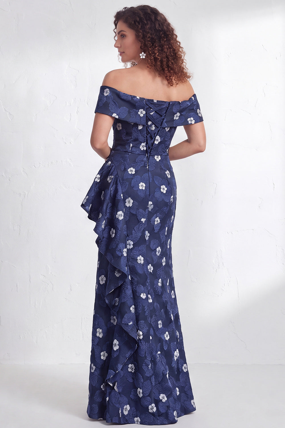 Off the Shoulder Mermaid Black Floral Ruffled Long Mother of the Bride Dress with Slit