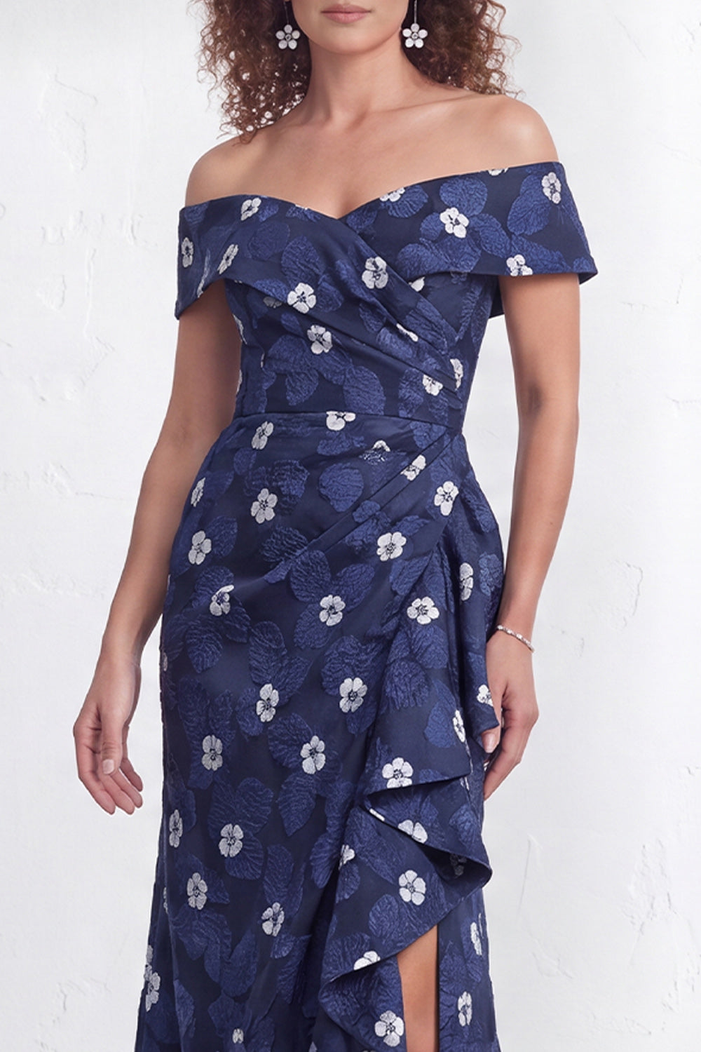 Off the Shoulder Mermaid Black Floral Ruffled Long Mother of the Bride Dress with Slit