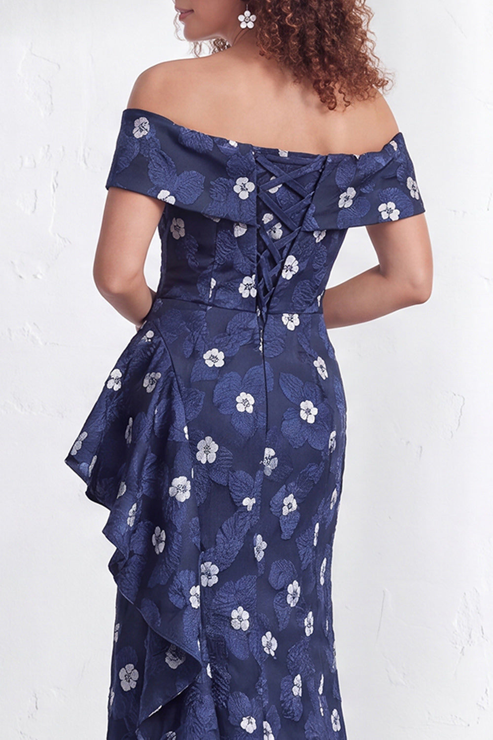 Off the Shoulder Mermaid Black Floral Ruffled Long Mother of the Bride Dress with Slit