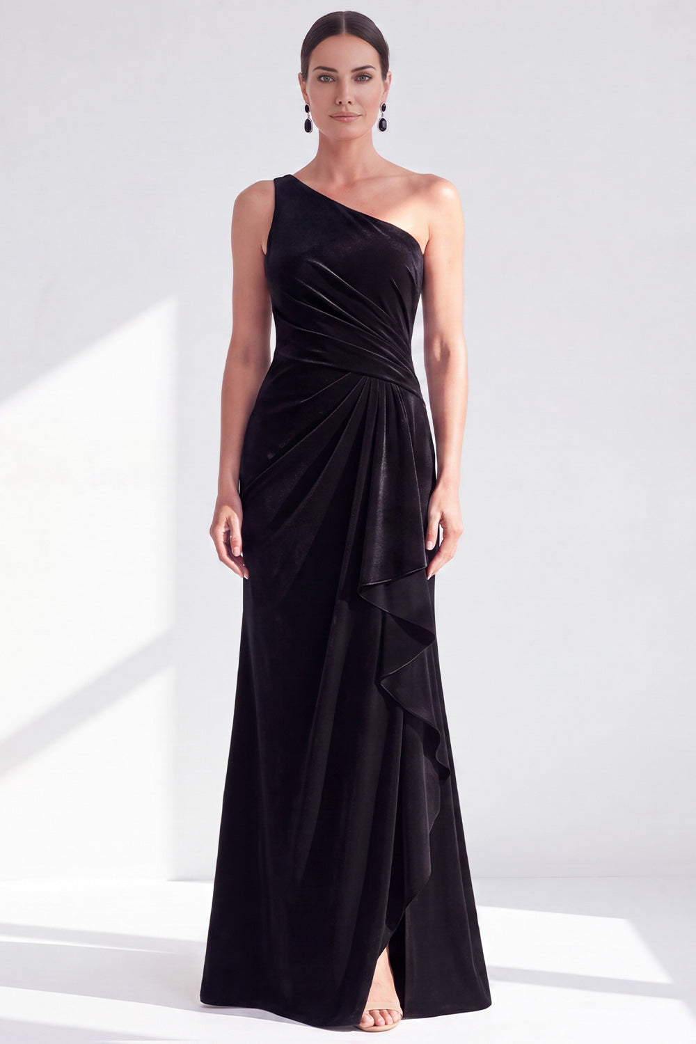 One-Shoulder Mermaid Black Velvet Ruffled Ruched Long Mother of the Bride Dress