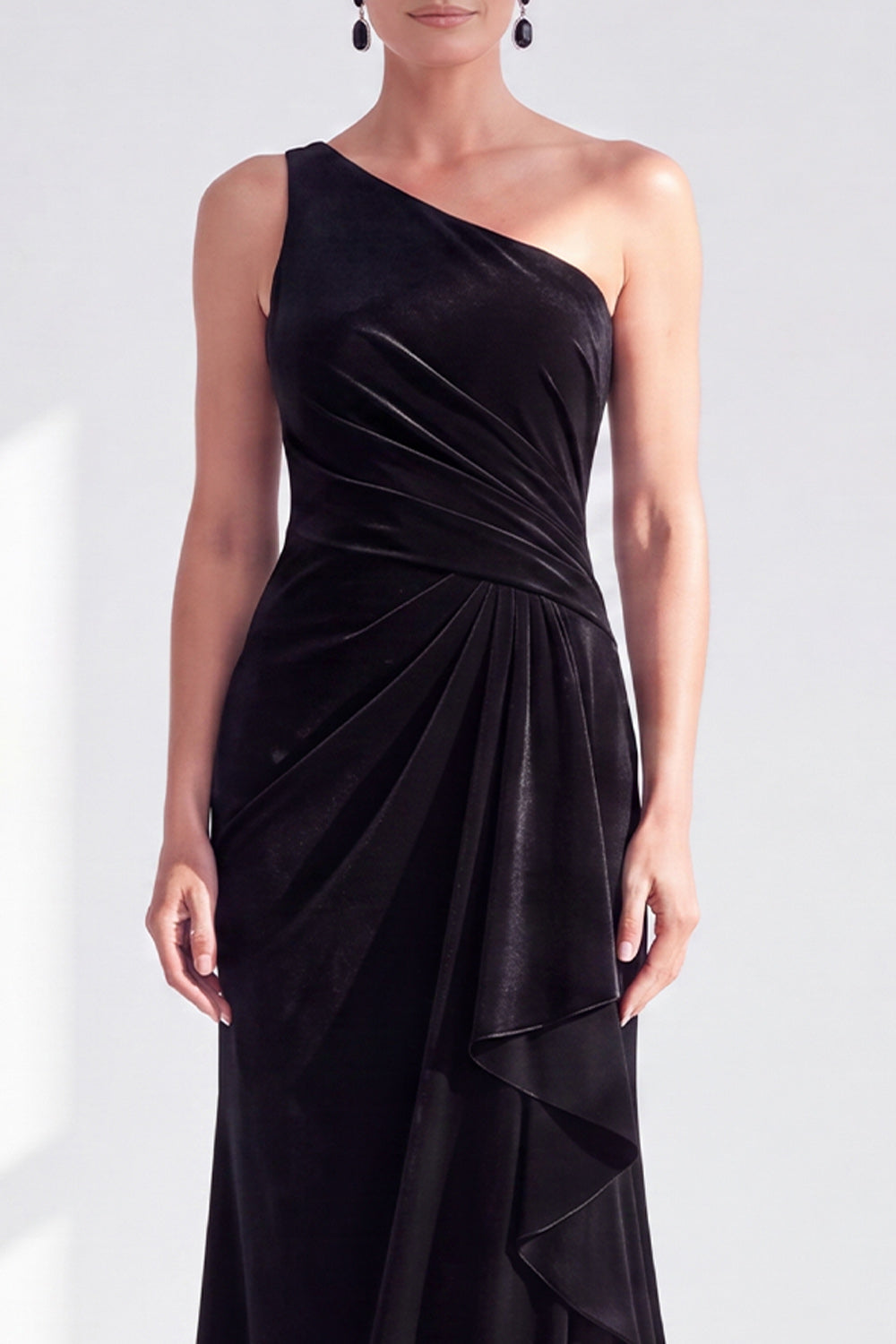 One-Shoulder Mermaid Black Velvet Ruffled Ruched Long Mother of the Bride Dress