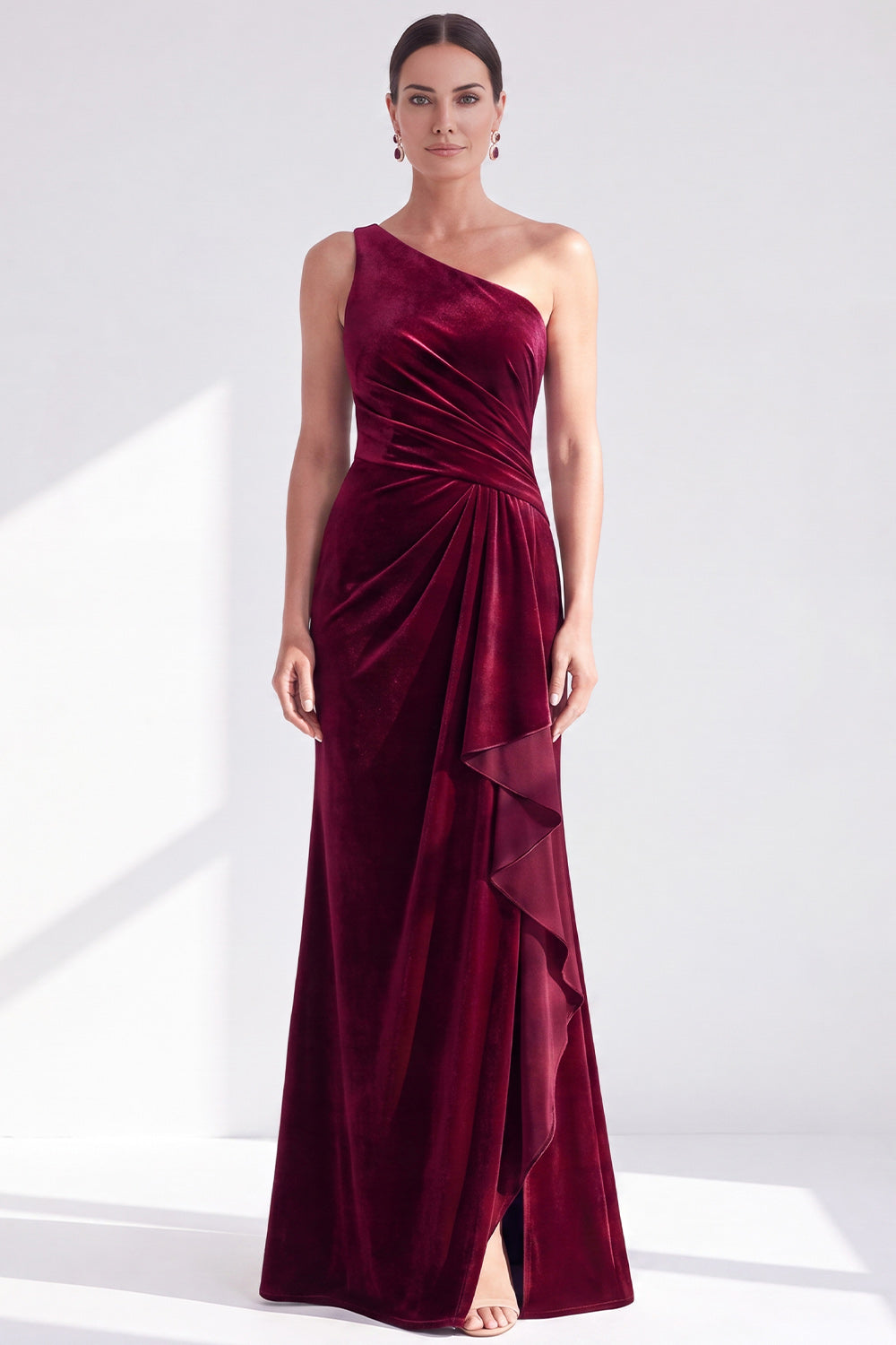 One-Shoulder Mermaid Black Velvet Ruffled Ruched Long Mother of the Bride Dress
