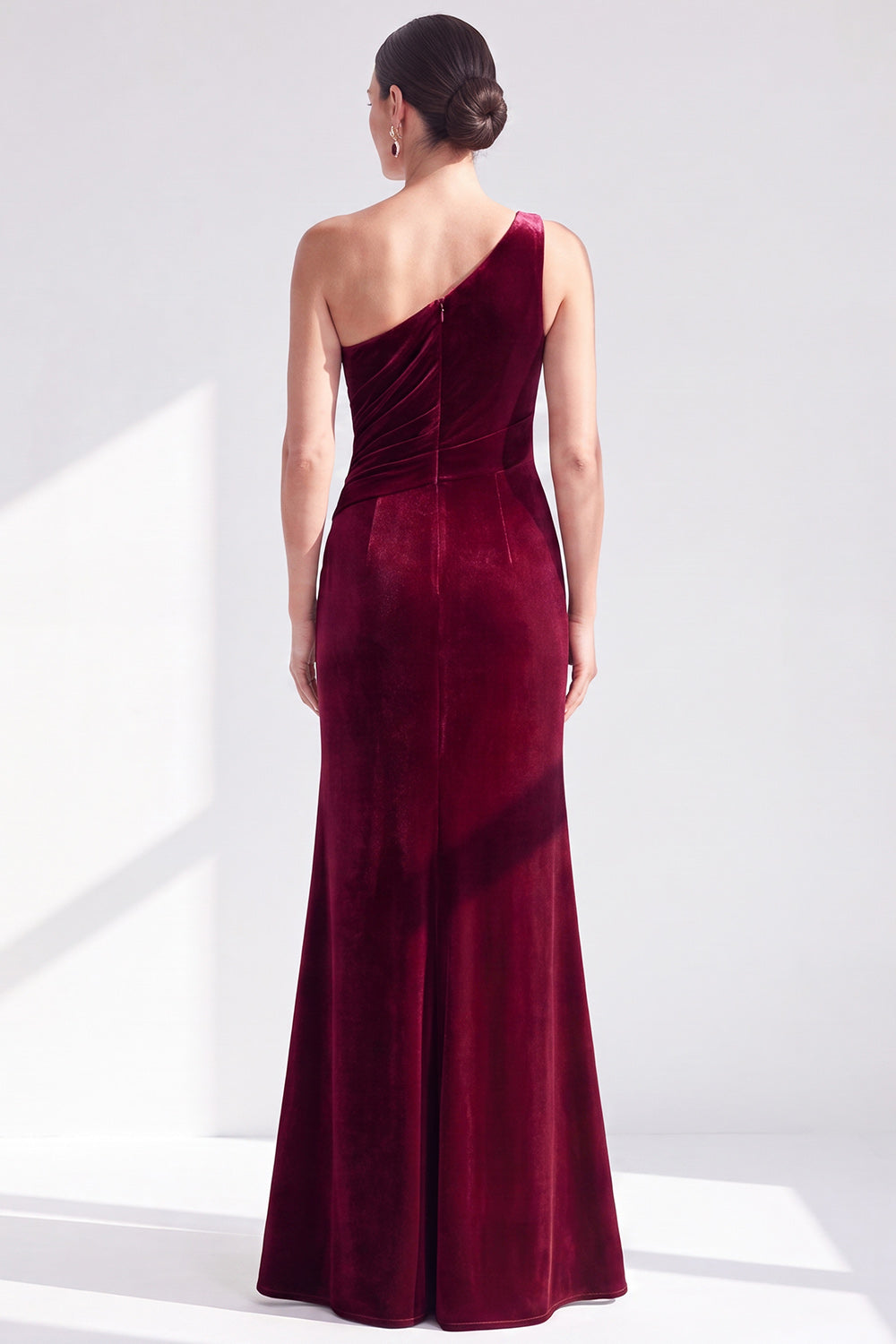 One-Shoulder Mermaid Black Velvet Ruffled Ruched Long Mother of the Bride Dress