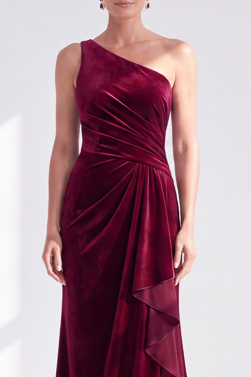 One-Shoulder Mermaid Black Velvet Ruffled Ruched Long Mother of the Bride Dress