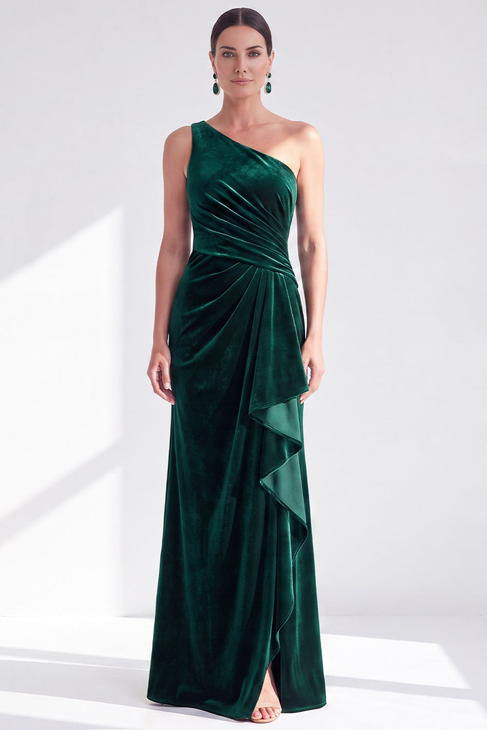 One Shoulder Mermaid Black Velvet Ruffled Ruched Long Mother of the Bride Dress
