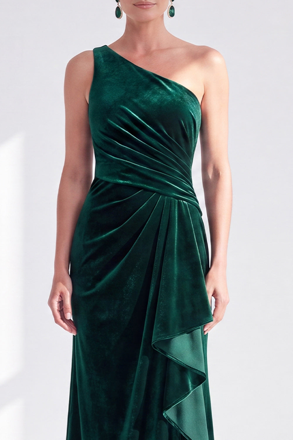 One-Shoulder Mermaid Black Velvet Ruffled Ruched Long Mother of the Bride Dress