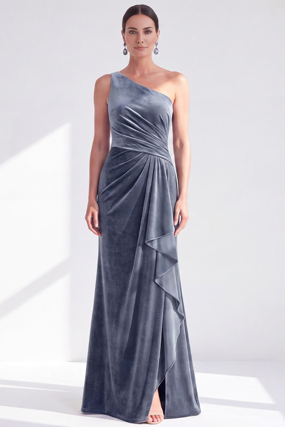 One Shoulder Mermaid Black Velvet Ruffled Ruched Long Mother of the Bride Dress