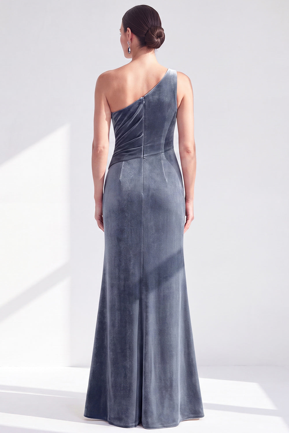 One-Shoulder Mermaid Black Velvet Ruffled Ruched Long Mother of the Bride Dress