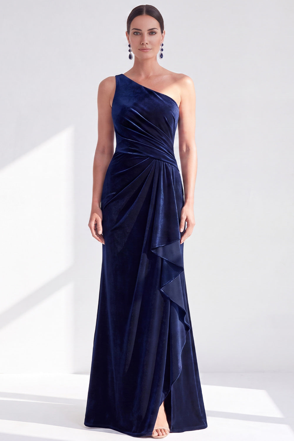 One-Shoulder Mermaid Black Velvet Ruffled Ruched Long Mother of the Bride Dress