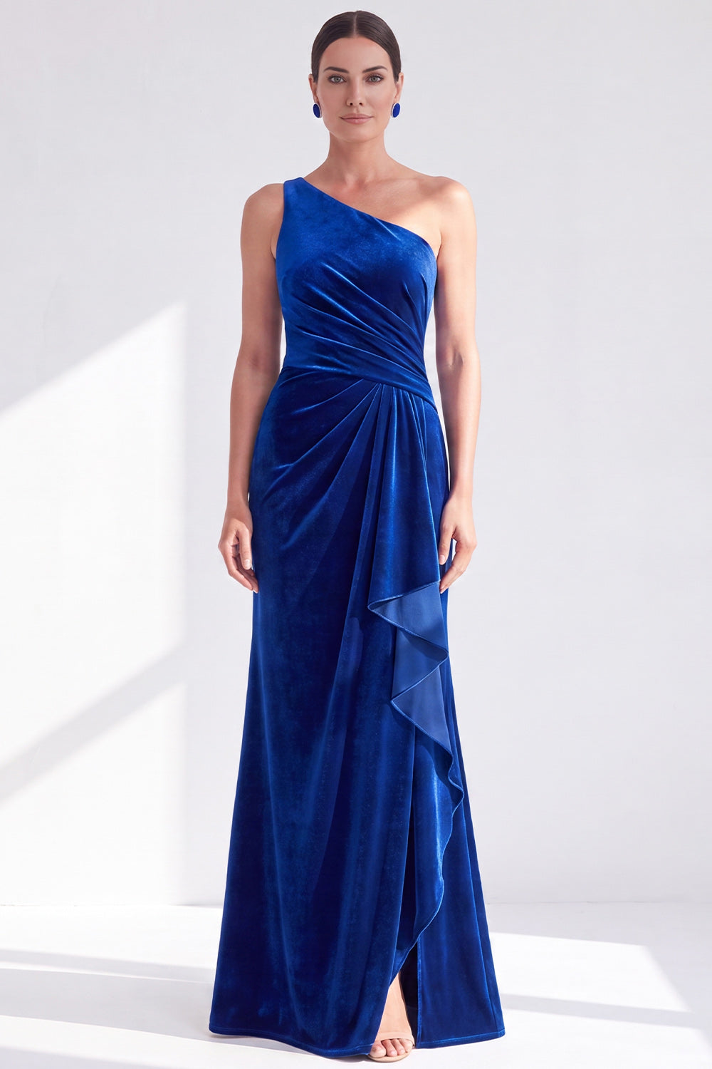 One Shoulder Mermaid Black Velvet Ruffled Ruched Long Mother of the Bride Dress