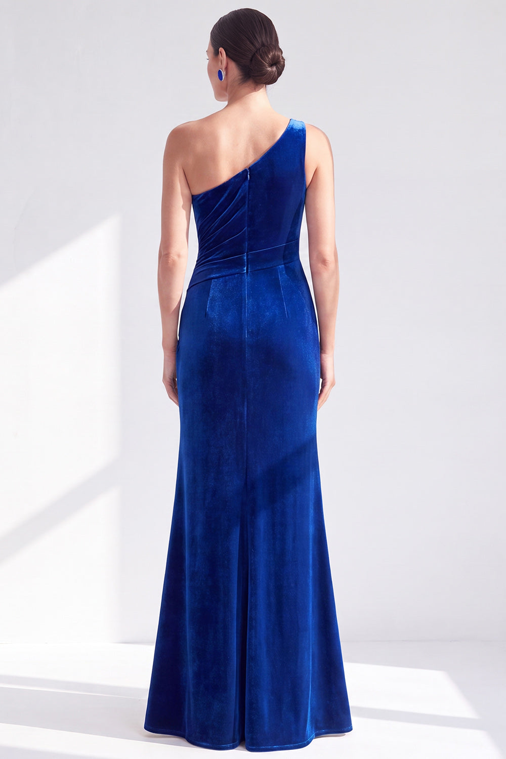 One-Shoulder Mermaid Black Velvet Ruffled Ruched Long Mother of the Bride Dress