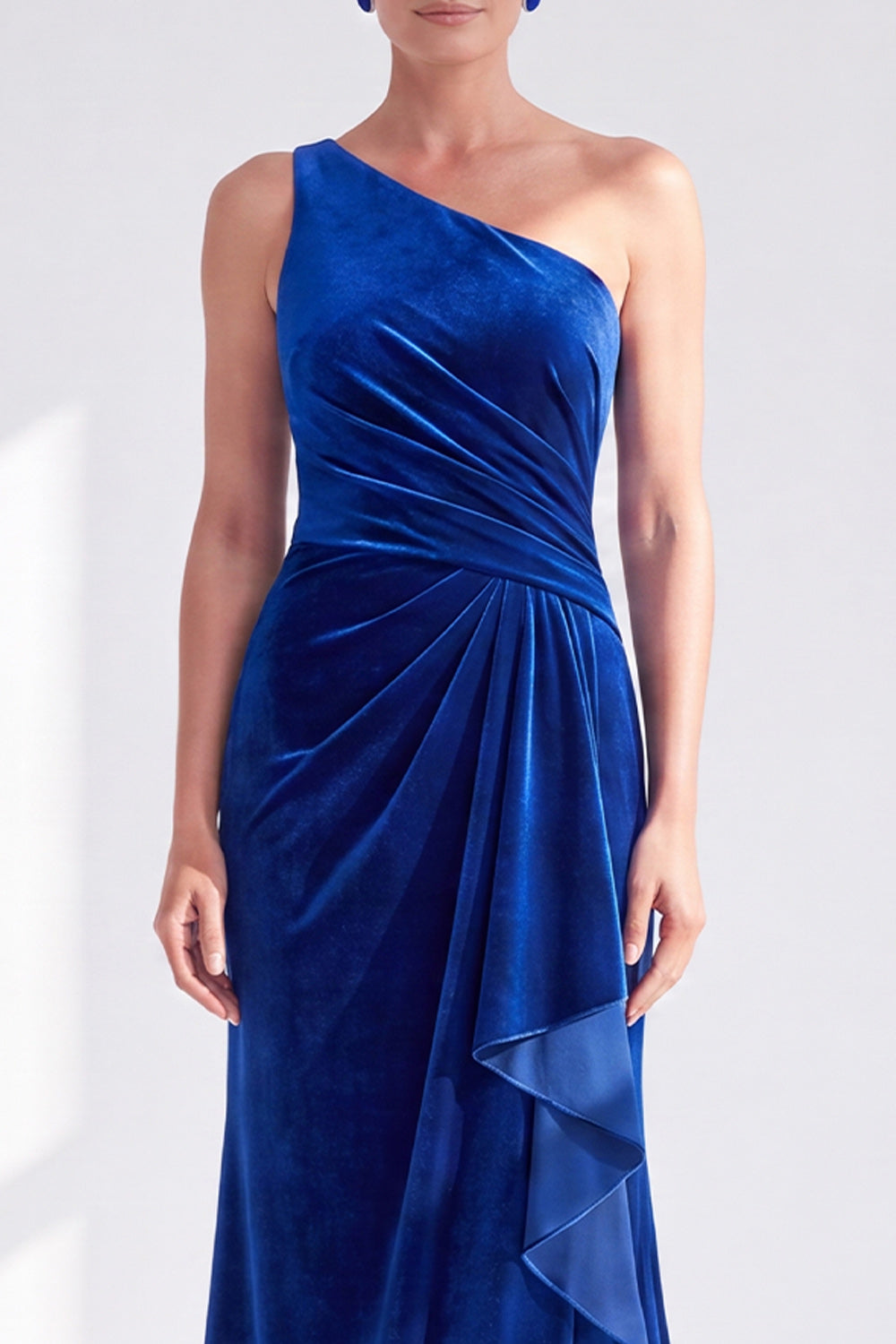 One-Shoulder Mermaid Black Velvet Ruffled Ruched Long Mother of the Bride Dress