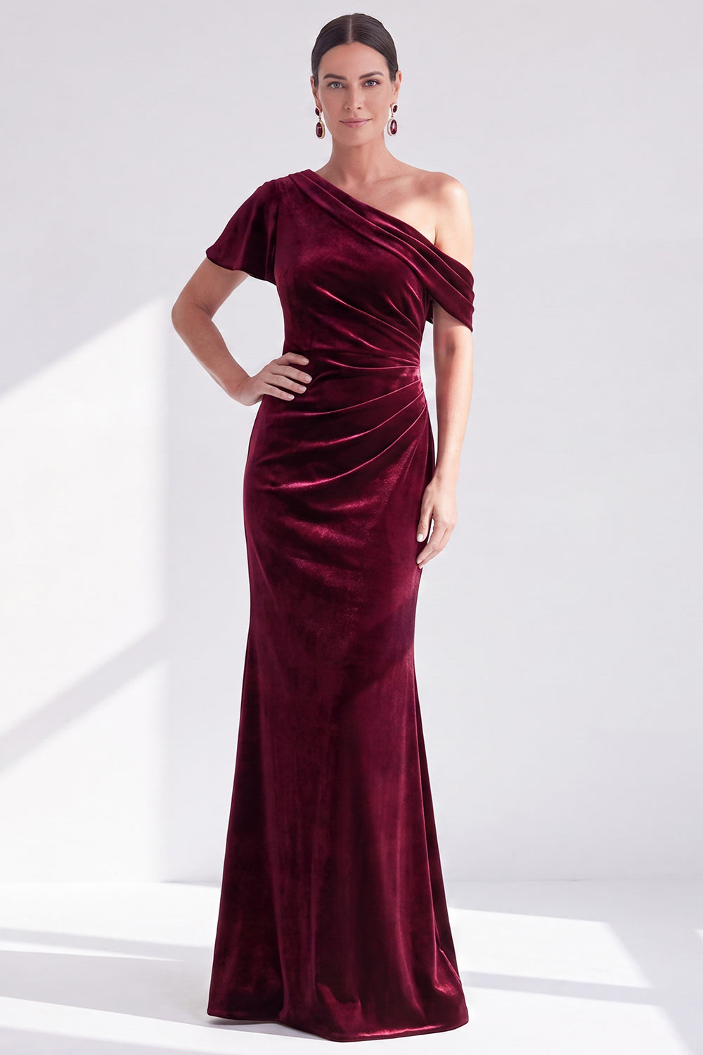 Mermaid Burgundy Velvet Off-the-Shoulder Ruched Long Mother of the Bride Dress