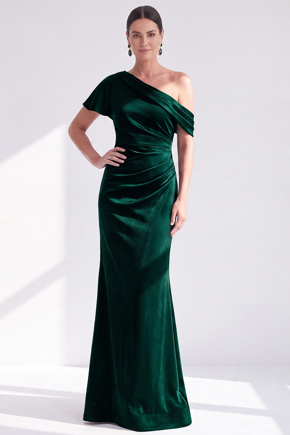 Mermaid Burgundy Velvet Off-the-Shoulder Ruched Long Mother of the Bride Dress