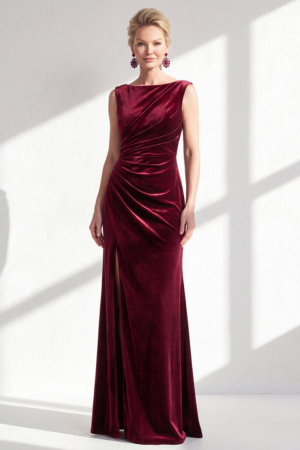 Dark Green Velvet Bateau Neck Ruched Mermaid Long Mother of the Bride Dress with Slit