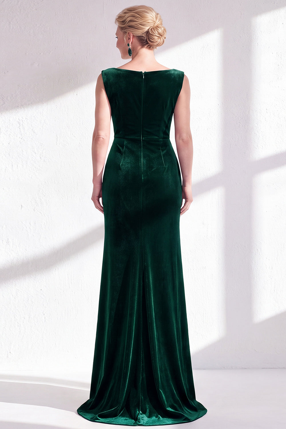 Dark Green Velvet Bateau Neck Ruched Mermaid Long Mother of the Bride Dress with Slit