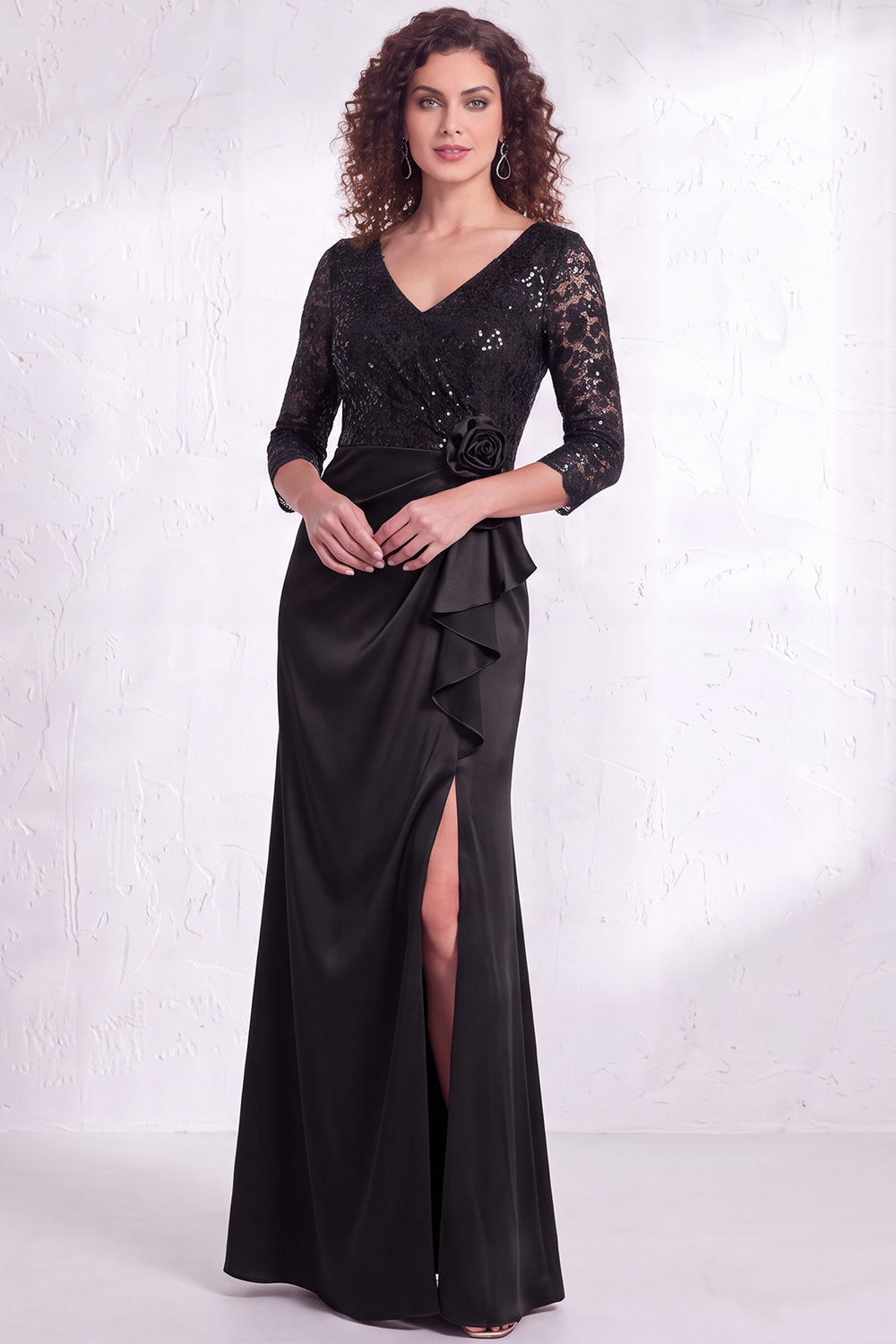 Black V-Neck Ruched Mermaid Ruffled Sequins Long Mother of the Bride Dress with Slit