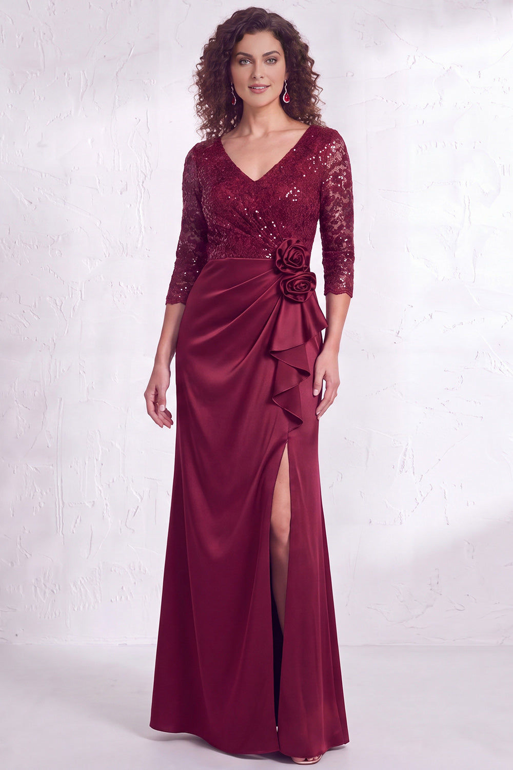 Black V-Neck Ruched Mermaid Ruffled Sequins Long Mother of the Bride Dress with Slit