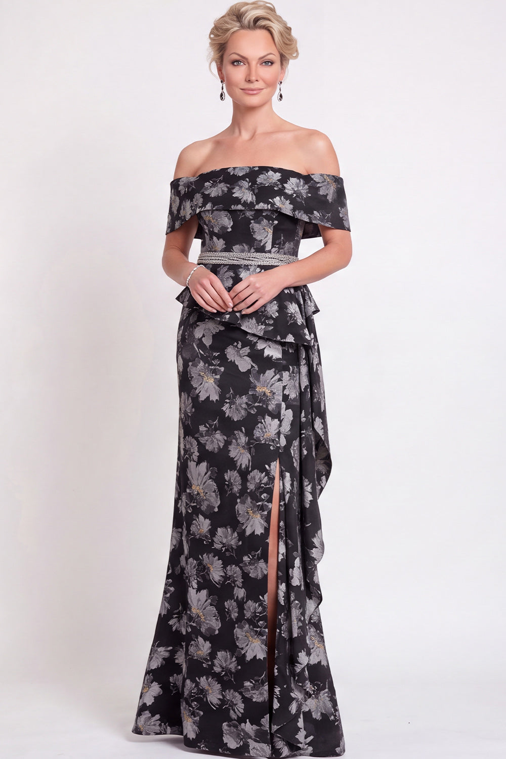 Blue Off the Shoulder Mermaid Floral Ruffled Long Mother of the Bride Dress with Slit