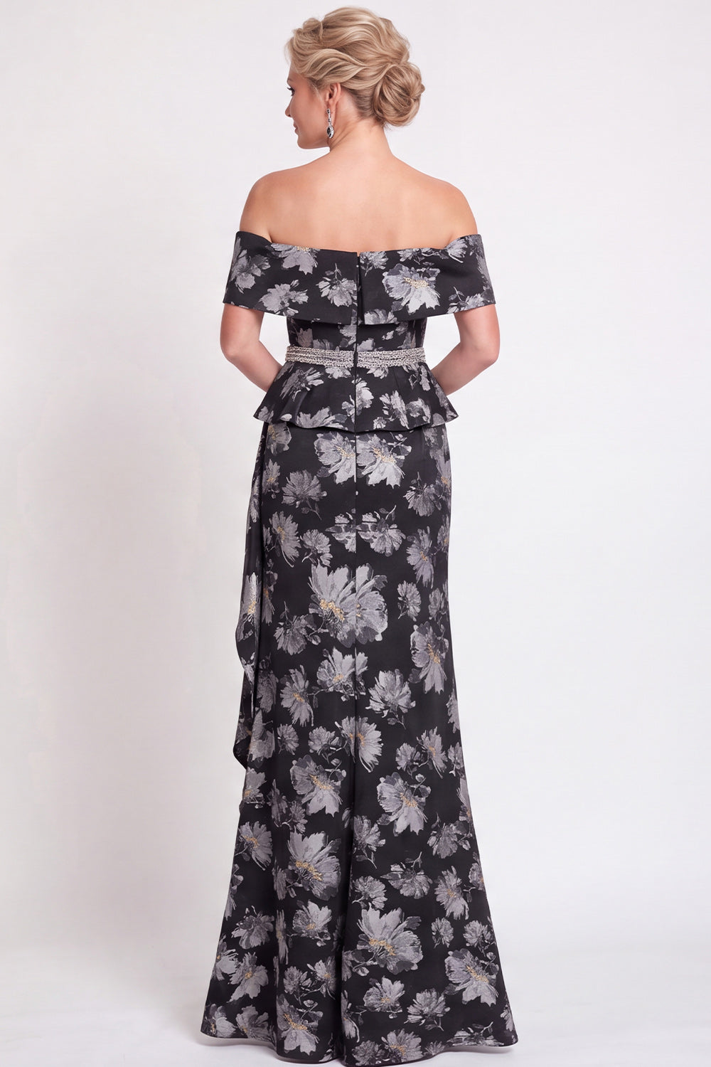Blue Off the Shoulder Mermaid Floral Ruffled Long Mother of the Bride Dress with Slit