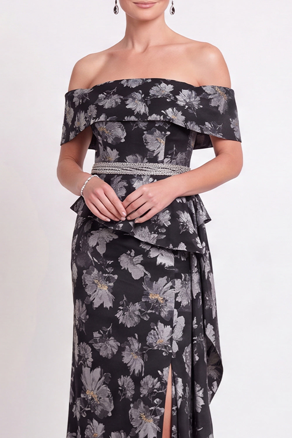 Blue Off the Shoulder Mermaid Floral Ruffled Long Mother of the Bride Dress with Slit