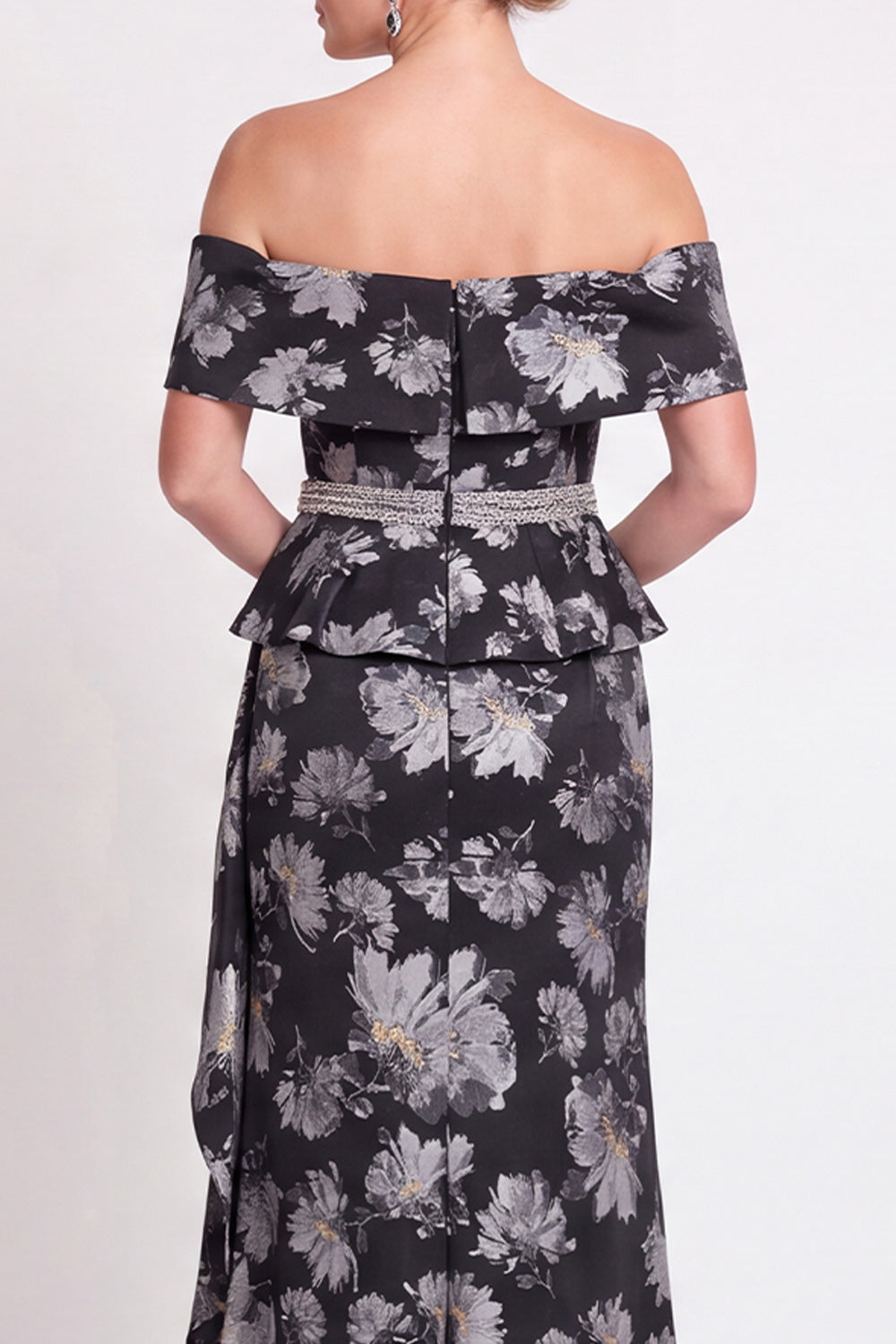 Blue Off the Shoulder Mermaid Floral Ruffled Long Mother of the Bride Dress with Slit