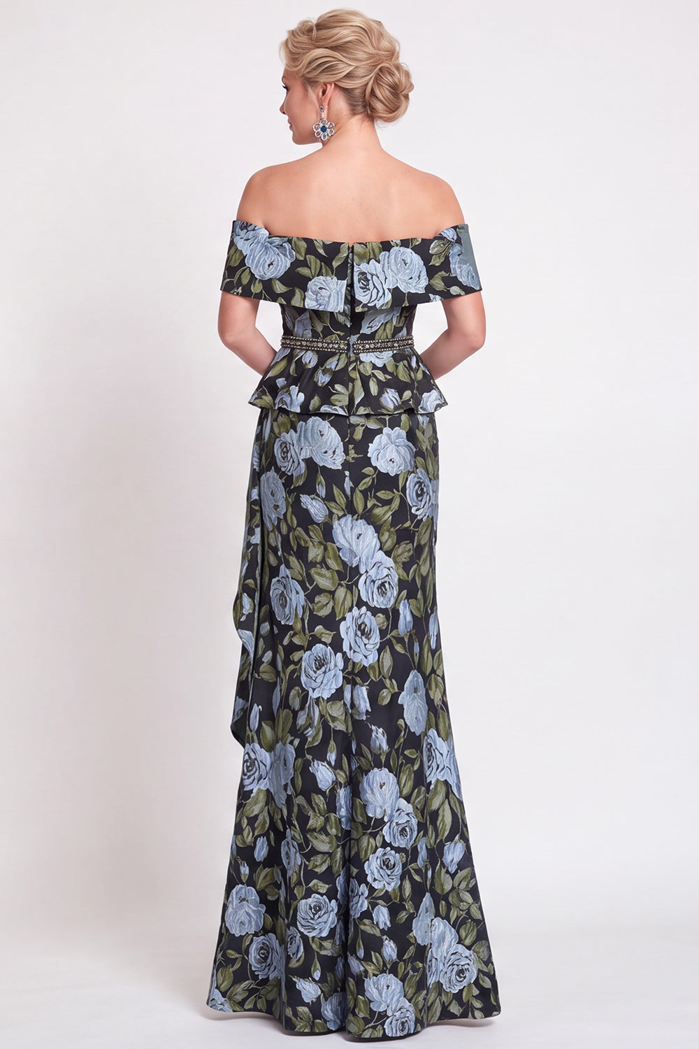 Blue Off the Shoulder Mermaid Floral Ruffled Long Mother of the Bride Dress with Slit