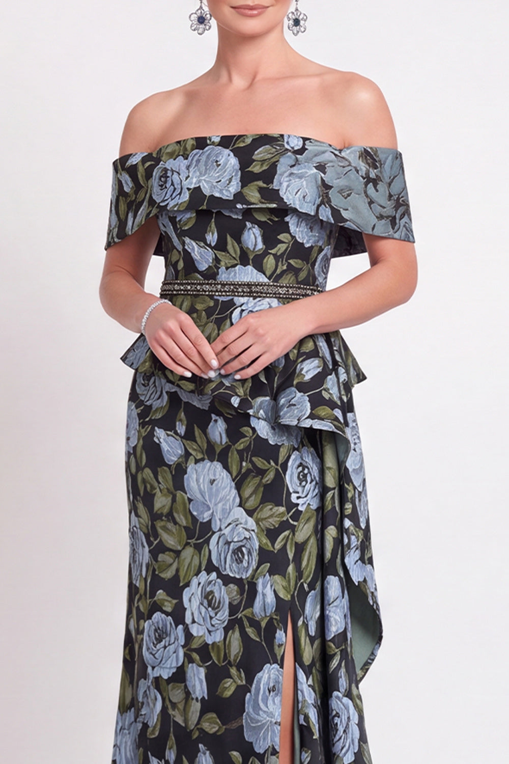 Blue Off the Shoulder Mermaid Floral Ruffled Long Mother of the Bride Dress with Slit