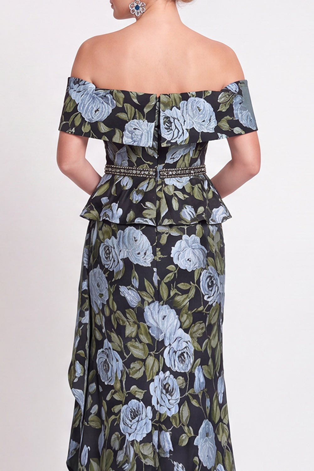 Blue Off the Shoulder Mermaid Floral Ruffled Long Mother of the Bride Dress with Slit