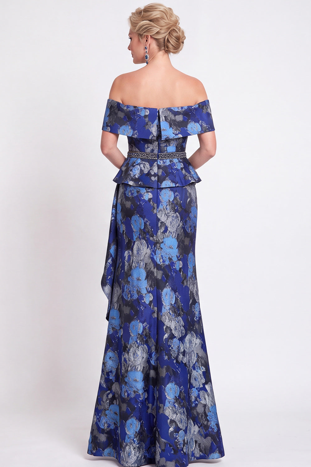 Blue Off the Shoulder Mermaid Floral Ruffled Long Mother of the Bride Dress with Slit