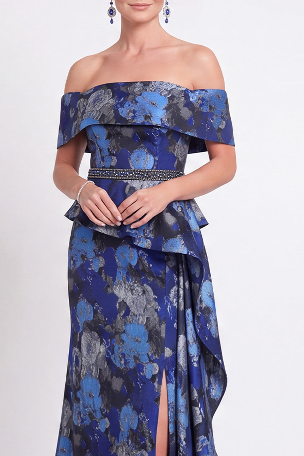 Blue Off the Shoulder Mermaid Floral Ruffled Long Mother of the Bride Dress with Slit