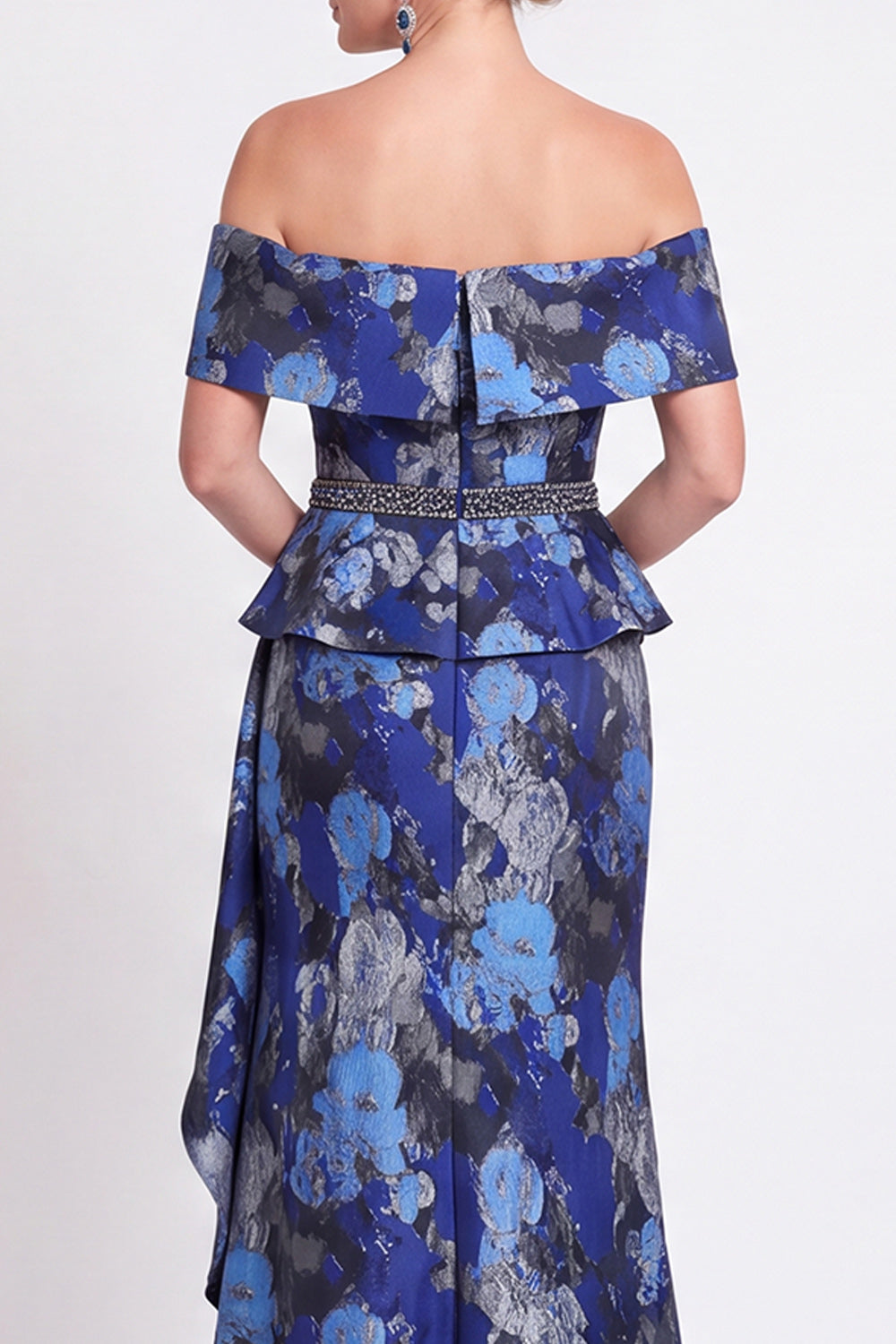 Blue Off the Shoulder Mermaid Floral Ruffled Long Mother of the Bride Dress with Slit