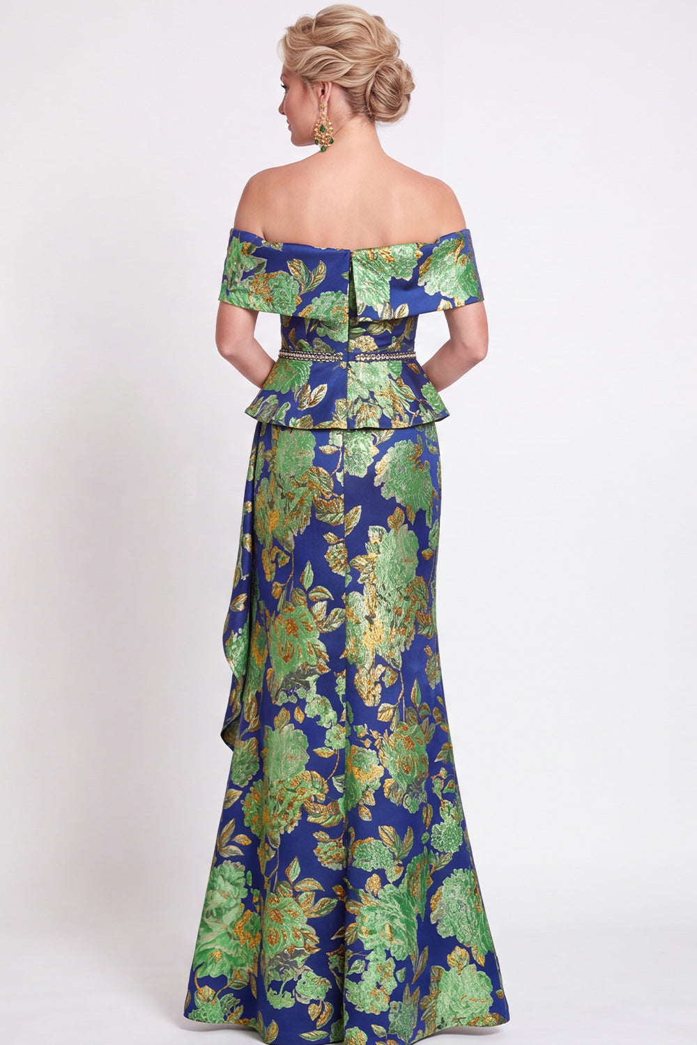 Blue Off the Shoulder Mermaid Floral Ruffled Long Mother of the Bride Dress with Slit