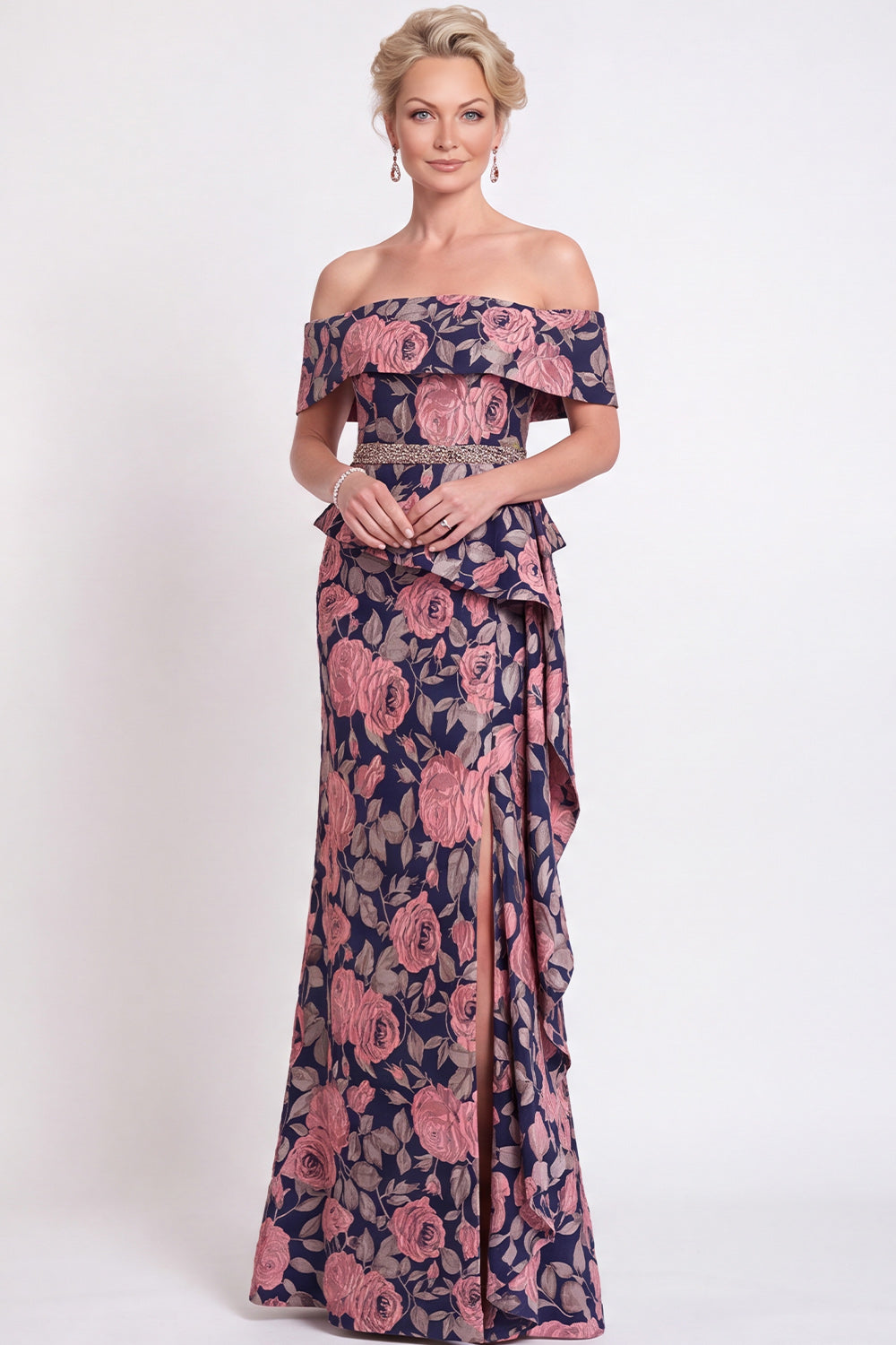 Blue Off the Shoulder Mermaid Floral Ruffled Long Mother of the Bride Dress with Slit