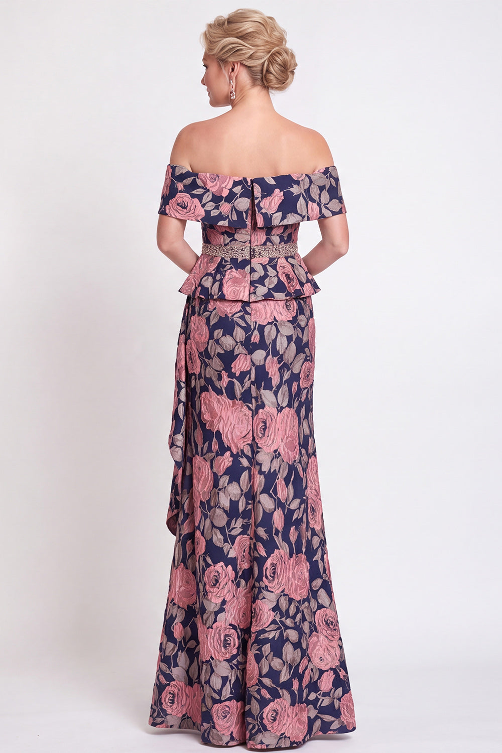 Blue Off the Shoulder Mermaid Floral Ruffled Long Mother of the Bride Dress with Slit