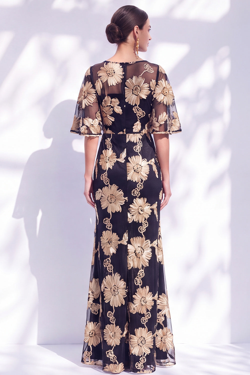 Navy Mermaid Ruffled Floral Long Mother of the Bride Dress with Half Sleeves