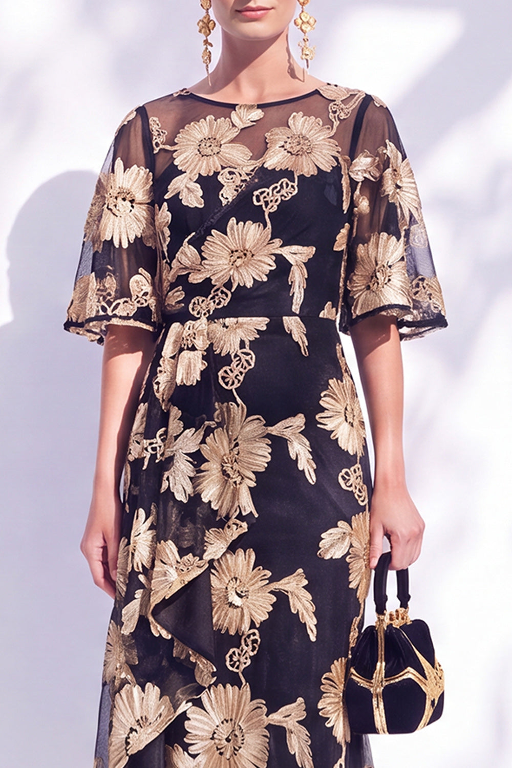 Navy Mermaid Ruffled Floral Long Mother of the Bride Dress with Half Sleeves