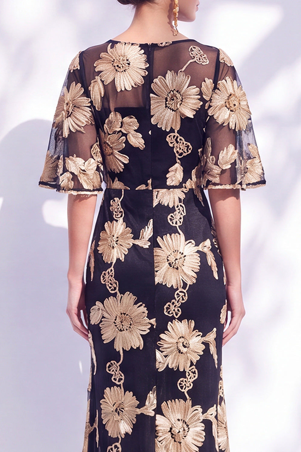 Navy Mermaid Ruffled Floral Long Mother of the Bride Dress with Half Sleeves