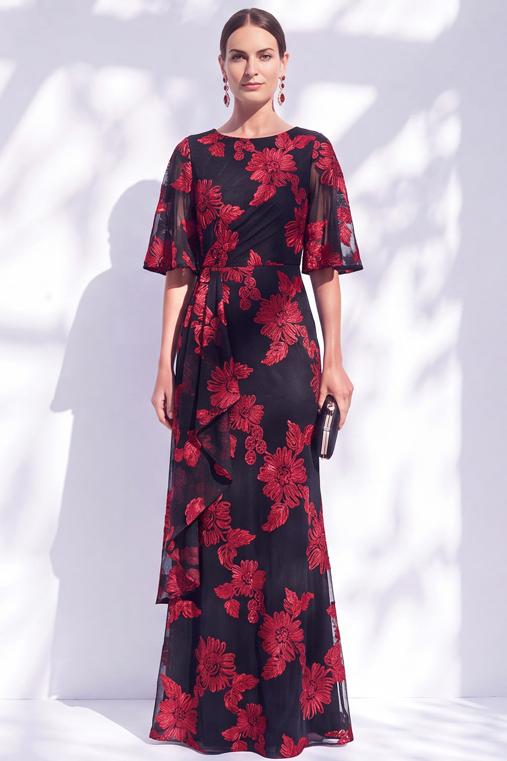 Navy Mermaid Ruffled Floral Long Mother of the Bride Dress with Half Sleeves